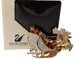 Signed Swarovski Crystal Santa in Reindeer Sleigh PinBrooch, Retired New In Box