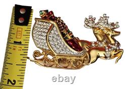 Signed Swarovski Crystal Santa in Reindeer Sleigh PinBrooch, Retired New In Box