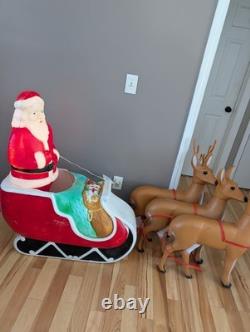 Sleigh Blow Mold Vintage Union Santa Reindeer Deer Decor Rare Large Size