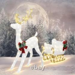 Sleigh  Christmas Décor Includes Pre-Strung LED White Reindeer and Santa's