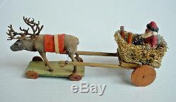 Small Antique Germany Santa, Sleigh & Reindeer Pull Toy