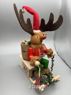 Steinbach Smoker Santa Reindeer Sleigh Sled Music Box Wood Tag Germany Handmade