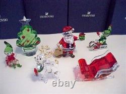 Swarovski Santa Claus Sleigh Reindeer Elfs & Christmas Tree 6 Pc Set