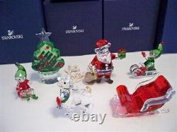 Swarovski Santa Claus Sleigh Reindeer Elfs & Christmas Tree 6 Pc Set