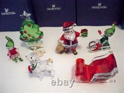 Swarovski Santa Claus Sleigh Reindeer Elfs & Christmas Tree 6 Pc Set