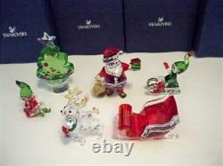 Swarovski Santa Claus Sleigh Reindeer Elfs & Christmas Tree 6 Pc Set