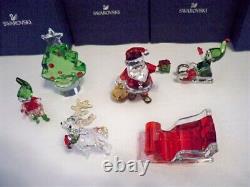 Swarovski Santa Claus Sleigh Reindeer Elfs & Christmas Tree 6 Pc Set