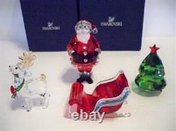 Swarovski Santa Claus Sleigh Reindeer & Green Christmas Tree Set