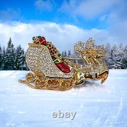 Swarovski Santa Sleigh Reindeer Christmas Brooch Retired Gold Plate Gripouix SB