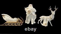 TRADITIONS White & Gold Porcelain Santa With Sleigh & Reindeer Christmas Decor