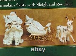 TRADITIONS White Porcelain Gold Accents Santa, Sleigh & Reindeer CenterPiece-NEW
