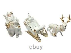 TRADITIONS White Porcelain Santa withSleigh & Reindeer Gold Color Accents