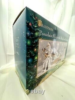 TRADITIONS White Porcelain Santa withSleigh & Reindeer Gold Color Accents