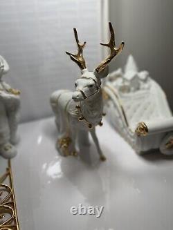 TRADITIONS White Porcelain, Santa withSleigh & Reindeer Gold Color Accents