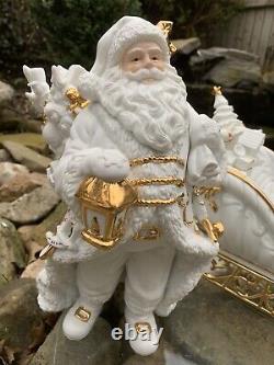 TRADITIONS White Porcelain Santa withSleigh & Reindeer Gold Color Accents
