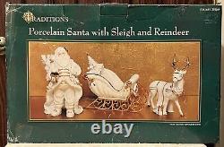 TRADITIONS White Porcelain Santa withSleigh & Reindeer Gold Color Accents FREE SHP