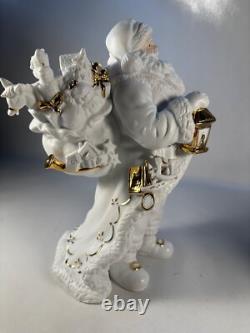 TRADITIONS White Porcelain Santa with Sleigh & Reindeer Gold Colored Accents withBox