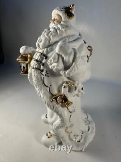 TRADITIONS White Porcelain Santa with Sleigh & Reindeer Gold Colored Accents withBox
