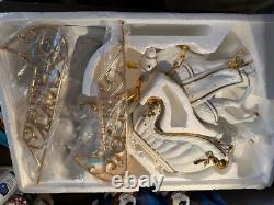 TRADITIONS White Porcelain Santa with Sleigh & Reindeer Gold Colored Accents withBox