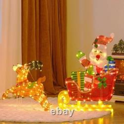 Tangkula 5 FT Christmas Lighted Reindeers with Santa Claus Sleigh, Outdoor Light