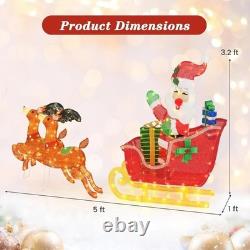 Tangkula 5 FT Christmas Lighted Reindeers with Santa Claus Sleigh, Outdoor Light