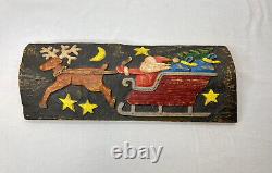Textured Carved Wood Santa With Sleigh and Reindeer Christmas Wall Hanging 20