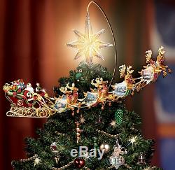 Thomas Kinkade Revolving Christmas Tree Topper Star Santa Sleigh Reindeer Light