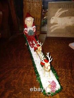 Tiny 14 long Christmas Santa and Reindeer Display, Pull toy, Bear Sleigh