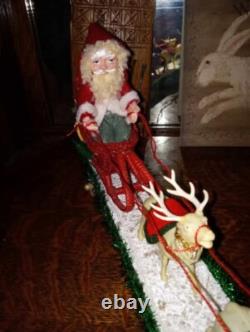 Tiny 14 long Christmas Santa and Reindeer Display, Pull toy, Bear Sleigh