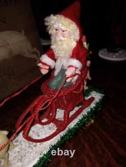 Tiny 14 long Christmas Santa and Reindeer Display, Pull toy, Bear Sleigh