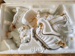 Traditions Porcelain Santa With Sleigh Reindeer White Gold Christmas Decor. Box