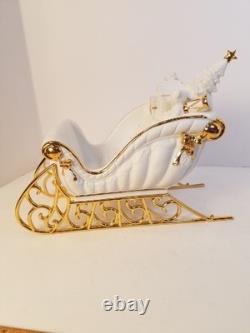 Traditions Porcelain Santa With Sleigh Reindeer White Gold Christmas Decor. Box
