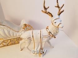Traditions Porcelain Santa With Sleigh Reindeer White Gold Christmas Decor. Box