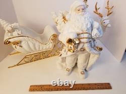 Traditions Porcelain Santa With Sleigh Reindeer White Gold Christmas Decor. Box