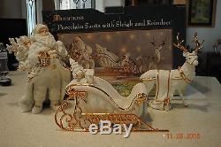 Traditions Porcelain Santa With Sleigh and Reindeer Set White & Gold Accents