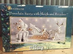 Traditions Porcelain Santa with Sleigh & Reindeer Christmas Mantle Table Set BOX