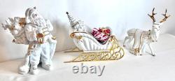 Traditions White Porcelain Santa With Sleigh & Reindeer Gold Accents Christmas