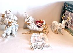 Traditions White Porcelain Santa With Sleigh & Reindeer Gold Accents Christmas