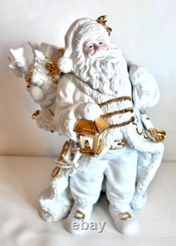 Traditions White Porcelain Santa With Sleigh & Reindeer Gold Accents Christmas