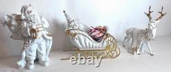 Traditions White Porcelain Santa With Sleigh & Reindeer Gold Accents Christmas