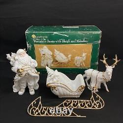Traditions White Porcelain Santa With Sleigh and Reindeer Christmas Centerpiece