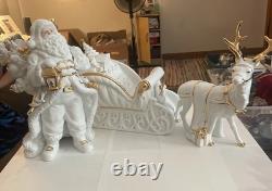Traditions White Porcelain Santa With Sleigh and Reindeer With Gold Accents