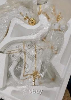 Traditions White Porcelain Santa With Sleigh and Reindeer With Gold Accents