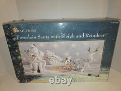 Traditions White Porcelain Santa withSleigh & Reindeer Gold Color Accent BRAND NEW