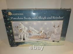Traditions White Porcelain Santa withSleigh & Reindeer Gold Color Accent BRAND NEW