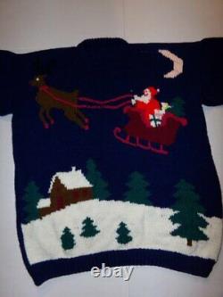 UNISEX Hand Knit Wool CHRISTMAS SWEATER Santa Sleigh Reindeer Sz XXXL 60 Chest