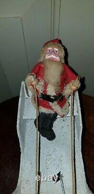 VINTAGE 50S PAPIER PAPER-MACHE SANTA & SLEIGH With REINDEER CANDY CONTAINER mica