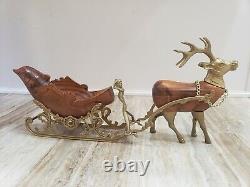 VINTAGE Brass Santa Sleigh Reindeer Christmas Around The World Carved Wood