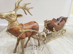 VINTAGE Brass Santa Sleigh Reindeer Christmas Around The World Carved Wood