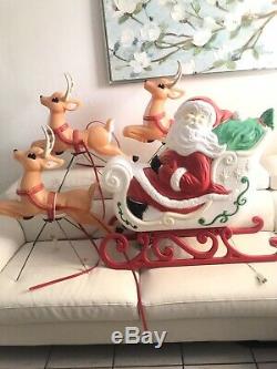 VINTAGE CHRISTMAS BLOW MOLD SANTA CLAUS SLEIGH With 3 Reindeer GRAND VENTURE